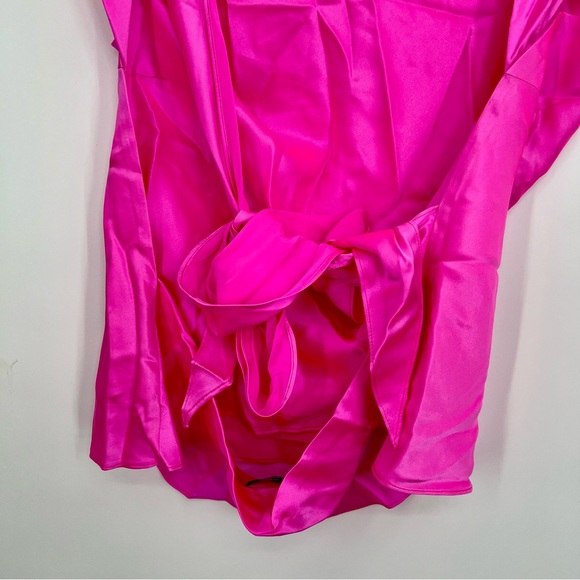 The Bar Asher Top 100% Silk Back Cut Out Tie Cowl Neckline Satin Neon Blouse M - Picture 8 of 11